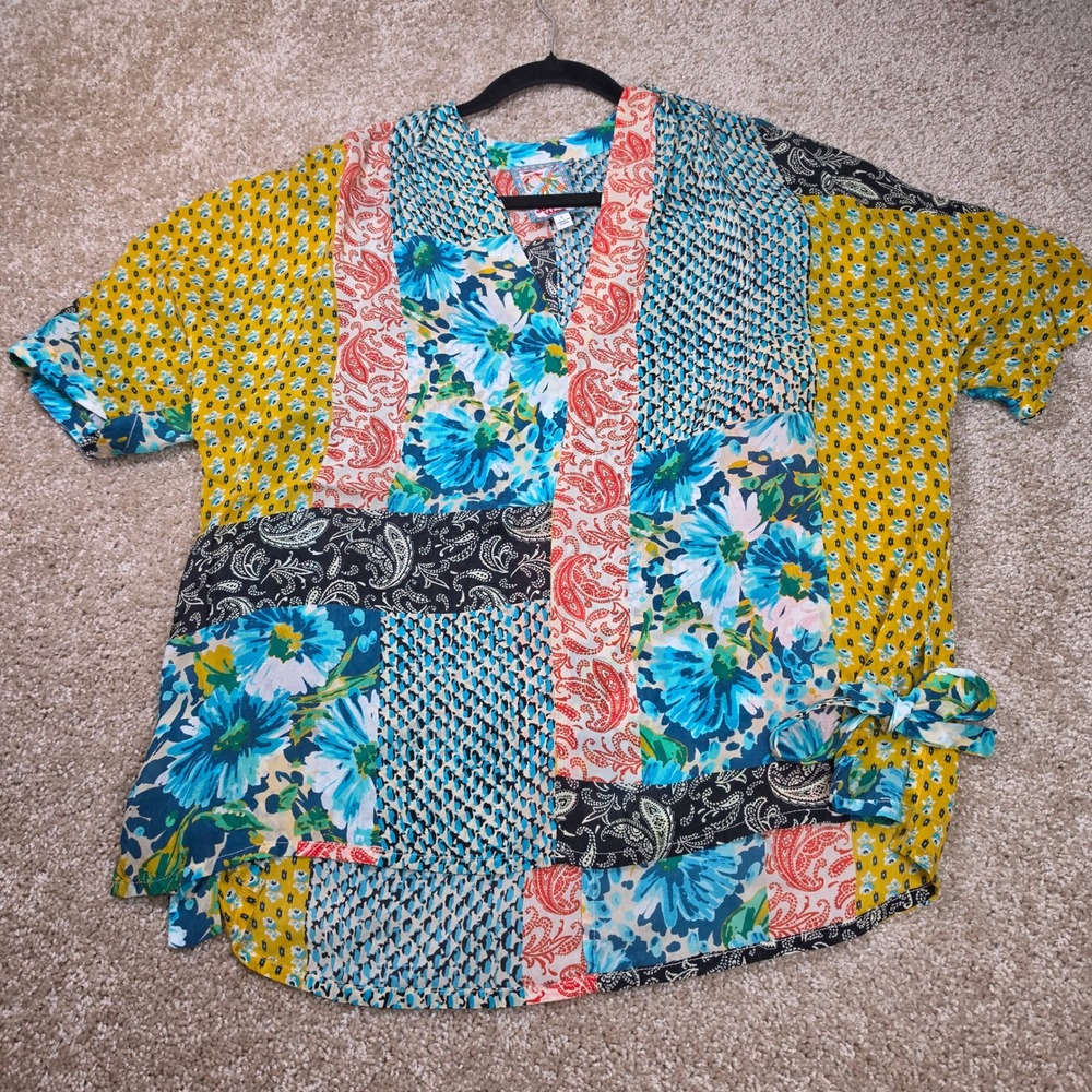 Johnny Was Top Patchwork Floral Paisley Ravenne Rayon Boho Blouse Large